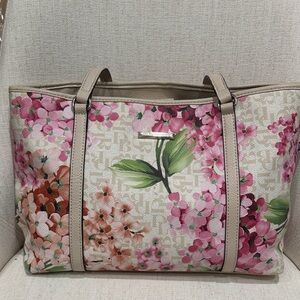 Dana Buchman Beige Floral Tote with Pink and Green Accents